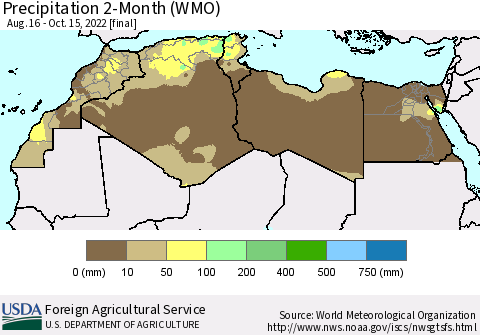North Africa Precipitation 2-Month (WMO) Thematic Map For 8/16/2022 - 10/15/2022