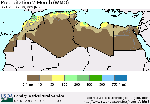 North Africa Precipitation 2-Month (WMO) Thematic Map For 10/21/2022 - 12/20/2022