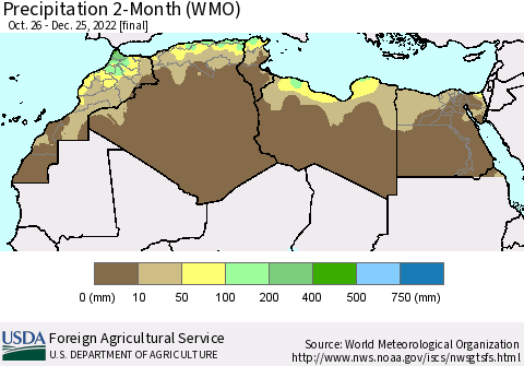 North Africa Precipitation 2-Month (WMO) Thematic Map For 10/26/2022 - 12/25/2022