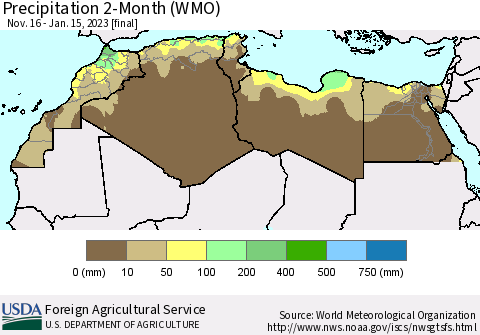 North Africa Precipitation 2-Month (WMO) Thematic Map For 11/16/2022 - 1/15/2023