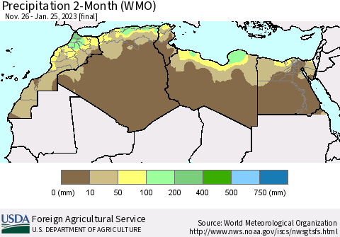 North Africa Precipitation 2-Month (WMO) Thematic Map For 11/26/2022 - 1/25/2023