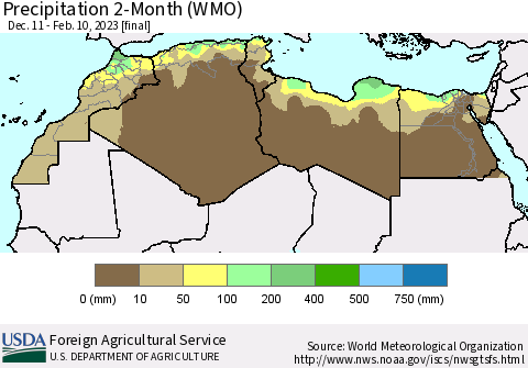 North Africa Precipitation 2-Month (WMO) Thematic Map For 12/11/2022 - 2/10/2023