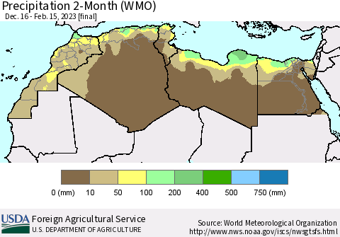 North Africa Precipitation 2-Month (WMO) Thematic Map For 12/16/2022 - 2/15/2023