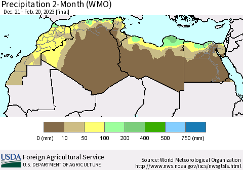 North Africa Precipitation 2-Month (WMO) Thematic Map For 12/21/2022 - 2/20/2023