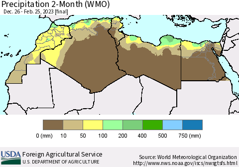 North Africa Precipitation 2-Month (WMO) Thematic Map For 12/26/2022 - 2/25/2023