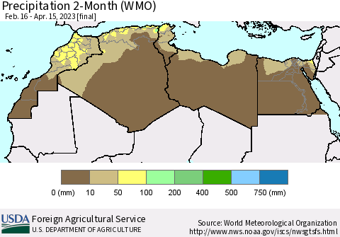 North Africa Precipitation 2-Month (WMO) Thematic Map For 2/16/2023 - 4/15/2023