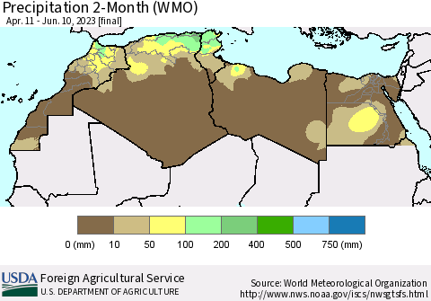 North Africa Precipitation 2-Month (WMO) Thematic Map For 4/11/2023 - 6/10/2023