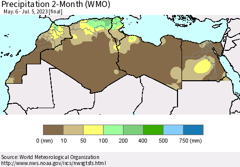 North Africa Precipitation 2-Month (WMO) Thematic Map For 5/6/2023 - 7/5/2023