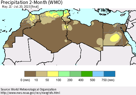 North Africa Precipitation 2-Month (WMO) Thematic Map For 5/21/2023 - 7/20/2023