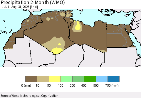 North Africa Precipitation 2-Month (WMO) Thematic Map For 7/1/2023 - 8/31/2023