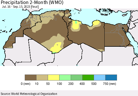 North Africa Precipitation 2-Month (WMO) Thematic Map For 7/16/2023 - 9/15/2023