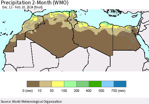 North Africa Precipitation 2-Month (WMO) Thematic Map For 12/11/2023 - 2/10/2024
