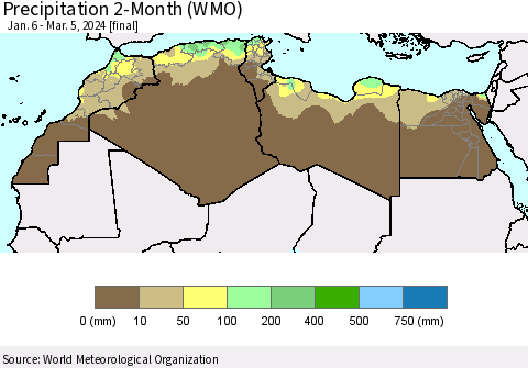 North Africa Precipitation 2-Month (WMO) Thematic Map For 1/6/2024 - 3/5/2024