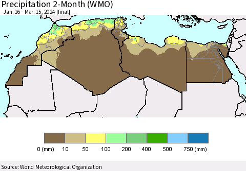 North Africa Precipitation 2-Month (WMO) Thematic Map For 1/16/2024 - 3/15/2024