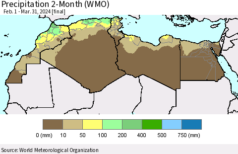 North Africa Precipitation 2-Month (WMO) Thematic Map For 2/1/2024 - 3/31/2024