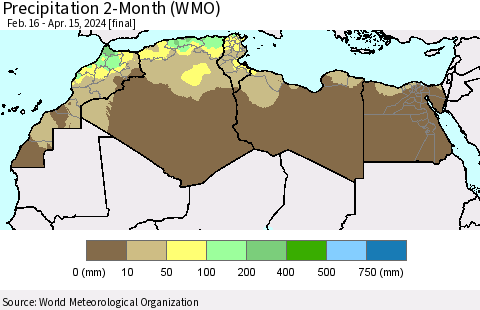 North Africa Precipitation 2-Month (WMO) Thematic Map For 2/16/2024 - 4/15/2024