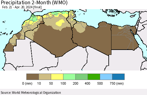 North Africa Precipitation 2-Month (WMO) Thematic Map For 2/21/2024 - 4/20/2024