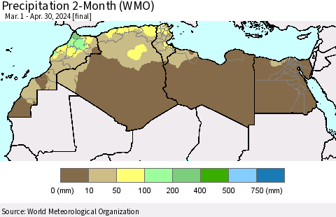 North Africa Precipitation 2-Month (WMO) Thematic Map For 3/1/2024 - 4/30/2024