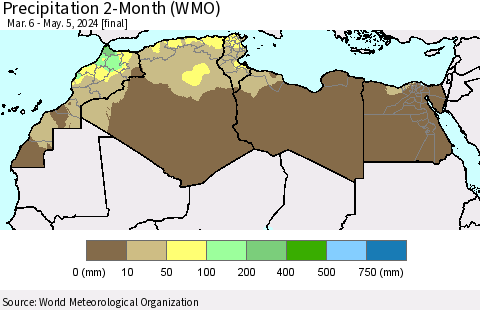North Africa Precipitation 2-Month (WMO) Thematic Map For 3/6/2024 - 5/5/2024