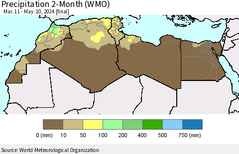 North Africa Precipitation 2-Month (WMO) Thematic Map For 3/11/2024 - 5/10/2024
