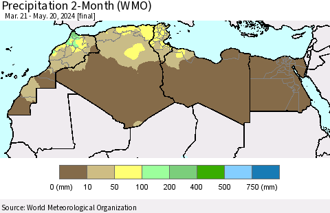 North Africa Precipitation 2-Month (WMO) Thematic Map For 3/21/2024 - 5/20/2024