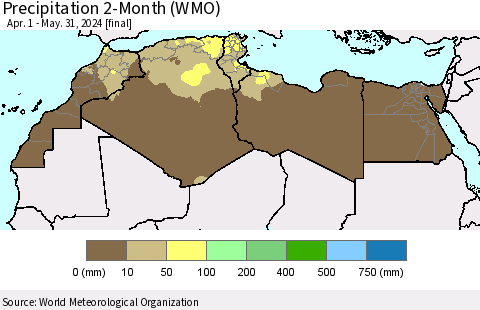 North Africa Precipitation 2-Month (WMO) Thematic Map For 4/1/2024 - 5/31/2024