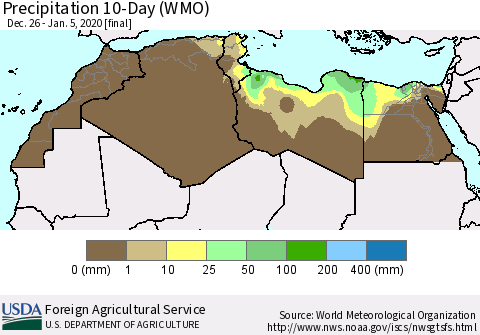 North Africa Precipitation 10-Day (WMO) Thematic Map For 12/26/2019 - 1/5/2020