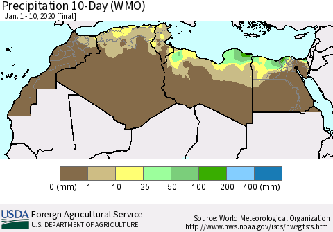 North Africa Precipitation 10-Day (WMO) Thematic Map For 1/1/2020 - 1/10/2020