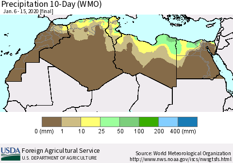 North Africa Precipitation 10-Day (WMO) Thematic Map For 1/6/2020 - 1/15/2020