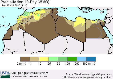 North Africa Precipitation 10-Day (WMO) Thematic Map For 1/16/2020 - 1/25/2020