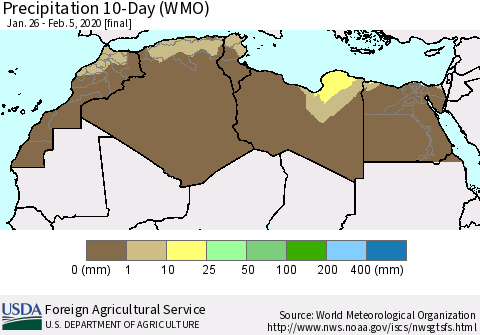 North Africa Precipitation 10-Day (WMO) Thematic Map For 1/26/2020 - 2/5/2020