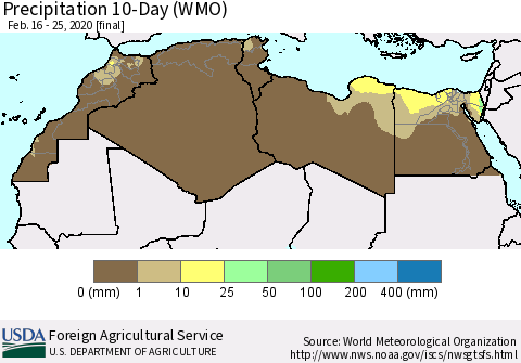 North Africa Precipitation 10-Day (WMO) Thematic Map For 2/16/2020 - 2/25/2020