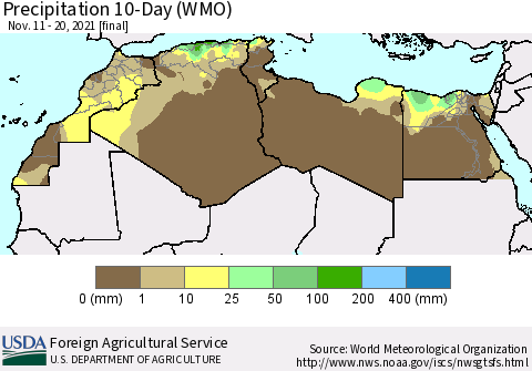 North Africa Precipitation 10-Day (WMO) Thematic Map For 11/11/2021 - 11/20/2021