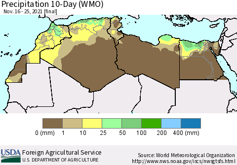North Africa Precipitation 10-Day (WMO) Thematic Map For 11/16/2021 - 11/25/2021