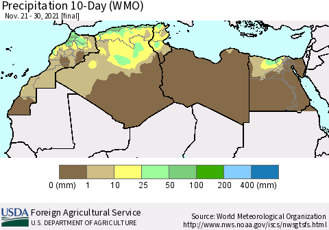 North Africa Precipitation 10-Day (WMO) Thematic Map For 11/21/2021 - 11/30/2021