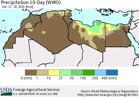 North Africa Precipitation 10-Day (WMO) Thematic Map For 12/11/2021 - 12/20/2021
