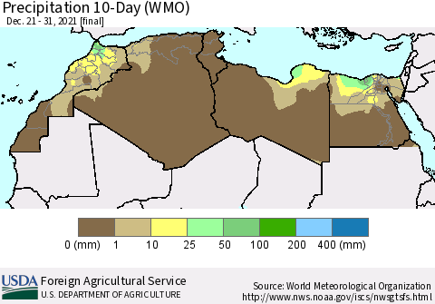 North Africa Precipitation 10-Day (WMO) Thematic Map For 12/21/2021 - 12/31/2021