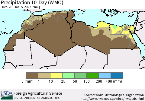 North Africa Precipitation 10-Day (WMO) Thematic Map For 12/26/2021 - 1/5/2022