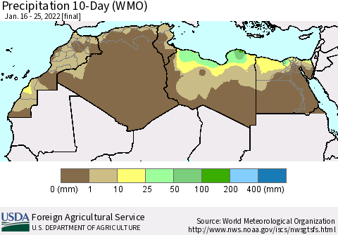 North Africa Precipitation 10-Day (WMO) Thematic Map For 1/16/2022 - 1/25/2022