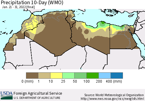North Africa Precipitation 10-Day (WMO) Thematic Map For 1/21/2022 - 1/31/2022