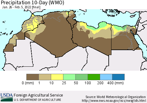 North Africa Precipitation 10-Day (WMO) Thematic Map For 1/26/2022 - 2/5/2022