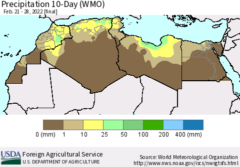 North Africa Precipitation 10-Day (WMO) Thematic Map For 2/21/2022 - 2/28/2022