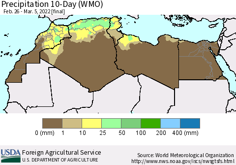 North Africa Precipitation 10-Day (WMO) Thematic Map For 2/26/2022 - 3/5/2022