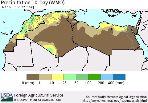 North Africa Precipitation 10-Day (WMO) Thematic Map For 3/6/2022 - 3/15/2022