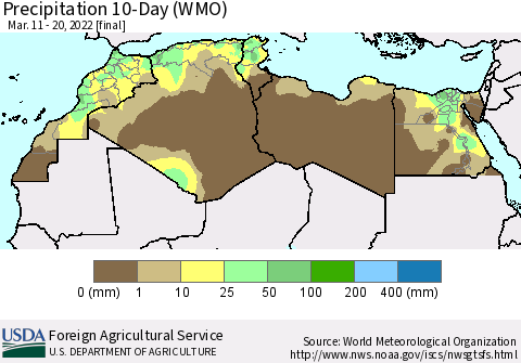 North Africa Precipitation 10-Day (WMO) Thematic Map For 3/11/2022 - 3/20/2022