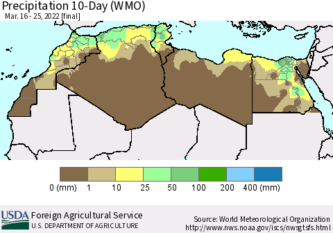 North Africa Precipitation 10-Day (WMO) Thematic Map For 3/16/2022 - 3/25/2022
