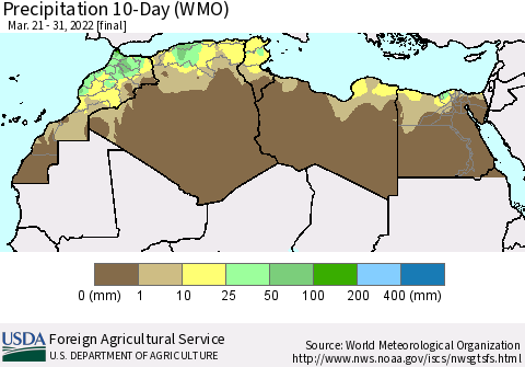 North Africa Precipitation 10-Day (WMO) Thematic Map For 3/21/2022 - 3/31/2022
