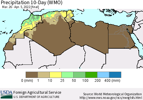 North Africa Precipitation 10-Day (WMO) Thematic Map For 3/26/2022 - 4/5/2022
