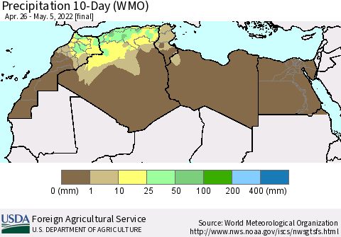 North Africa Precipitation 10-Day (WMO) Thematic Map For 4/26/2022 - 5/5/2022