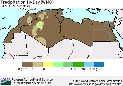 North Africa Precipitation 10-Day (WMO) Thematic Map For 6/11/2022 - 6/20/2022